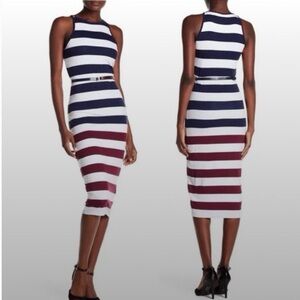 White and Blue Sleeveless Halter Sheath Midi Dress for Cocktail